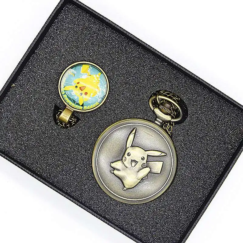 Retro-Bronze-Japanese-Anime-Pikachu-Bronze-Pocket-Watch-Sets-Men-Women-Watch-Necklace-Pendant-Gift-Sets