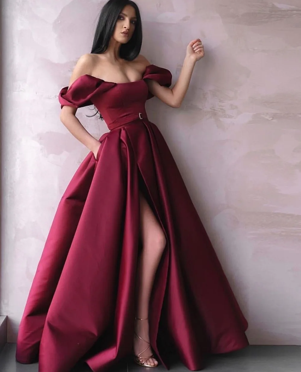 

Special Unique Burgundy Evening Dress 2020 Puffy Sleeves Formal Dress Empire Sexy Slit Long Evening Gown Burgundy