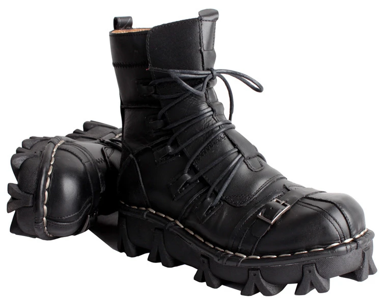 Мужские ботинки из натуральной кожи; мужская обувь с черепами; готические сапоги в стиле панк; ботинки в байкерском стиле; рыцарские военные ботинки; рабочие ботинки - Цвет: 1990Black
