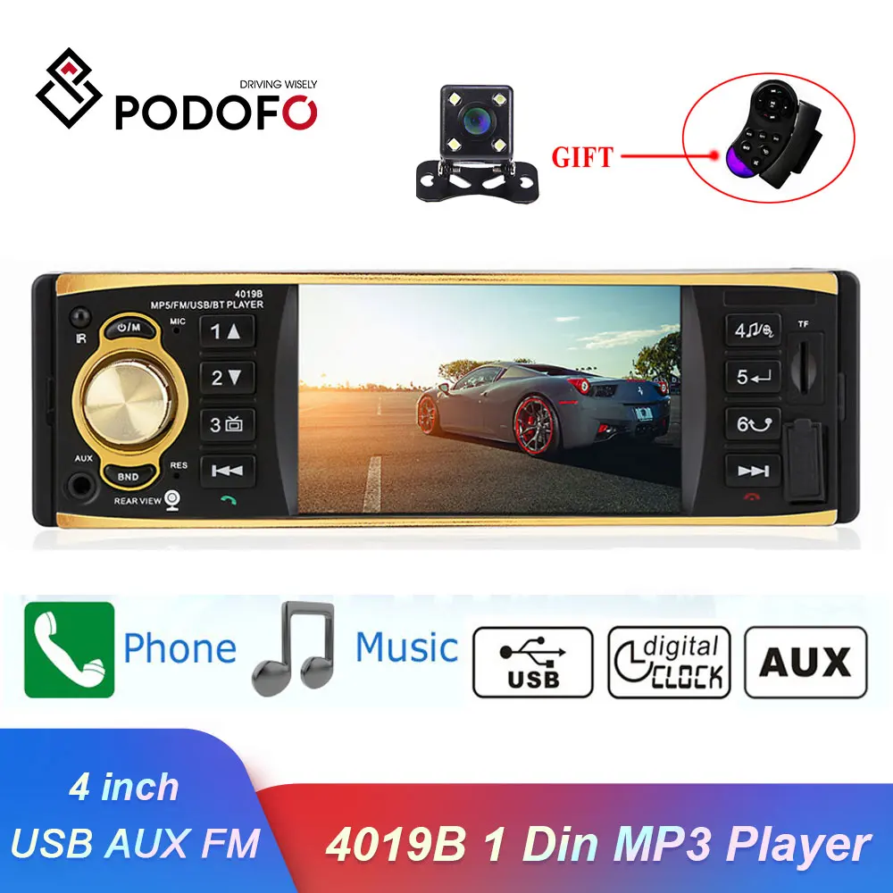 Podofo Авторадио 4019B 1 один Din MP3 плеер автомобильное радио аудио USB AUX FM радио станция Bluetooth Камера заднего вида дистанционное управление