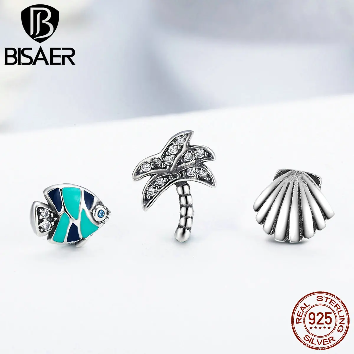 BISAER 925 пробы Серебряное пальмовое дерево Морская ракушка красочная рыба