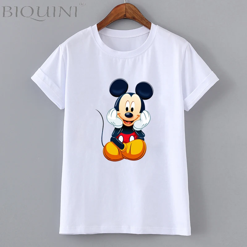 

Summer Fashion White Novelty Summer Woman Girl T Shirt Mickey Mouse Solid Color Cotton Tee Female Casual Short Sleeves Tops