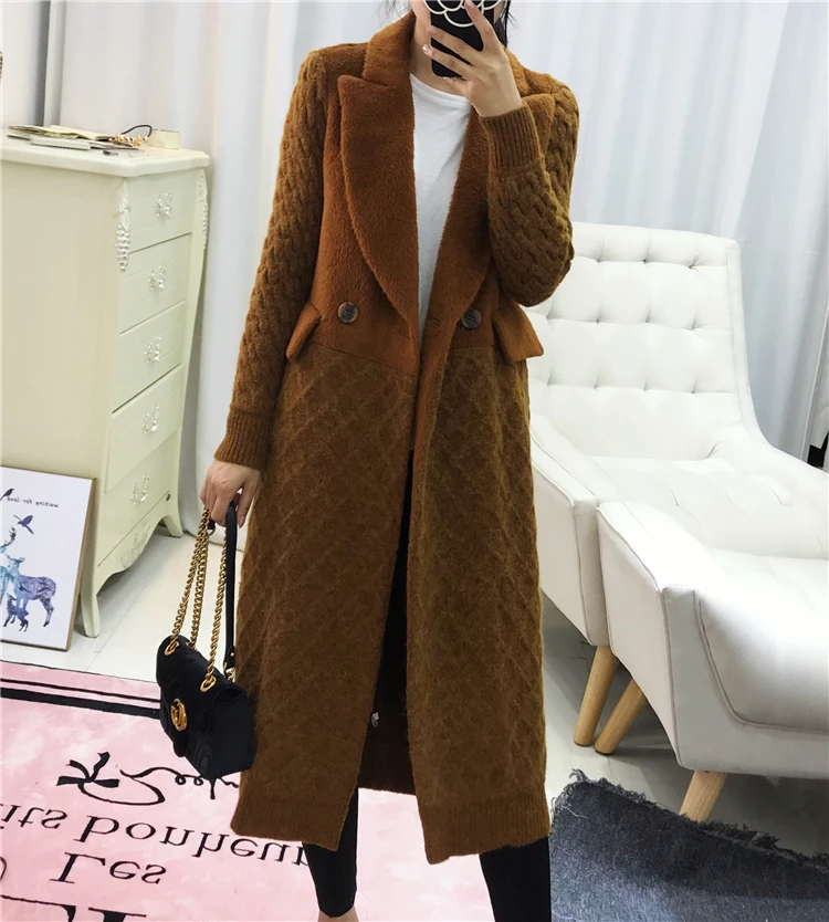 Catwalk Style Autumn Winter Women Brown Alpaca Coat Patchwork Wool Long