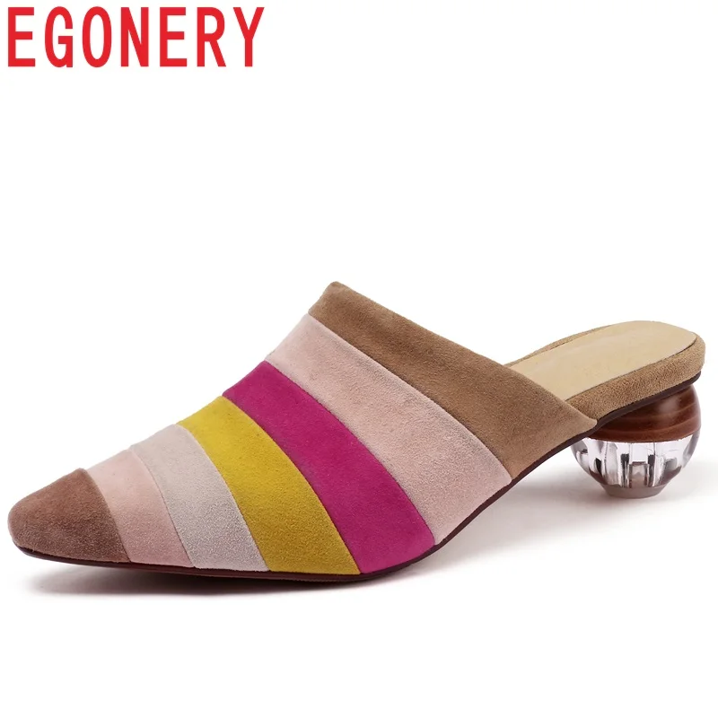 

EGONERY mixed colors genuine leather cute woman slipper summer slides Pointed toe strange style med crystal heels mules shoes