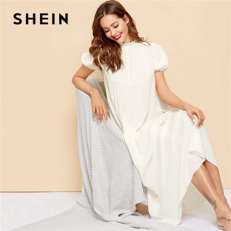 

SHEIN Lace Detail Pleated Yoke Puff Sleeve Night Dress Women Summer White Stand Collar Maxi Nightgown Lady Casual Sleep Wear