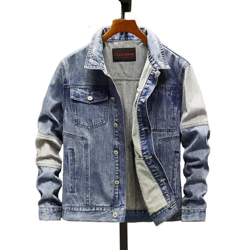 

Spring 2019 New Men's Washed Denim Jacket Light Blue Men Slim Casual Jeanjacket Korean Style Patchwork Cowboy Jacket Man Hip Hop