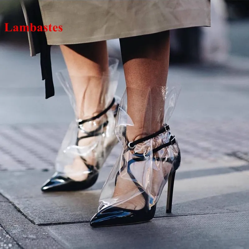 

2018 Hot Spring Summer Pointed Toe Women Sandals PVC Transparent Buckle Strap Designer Women Sandals Sexy Thin Heel Shoes Women