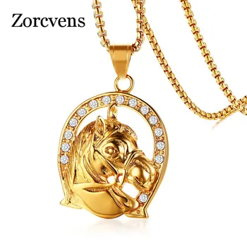 

ZORCVENS Rock Pendant Gold Color Stainless Steel Horse Men Necklace AAA CZ Stones Punk Unisex Jewelry