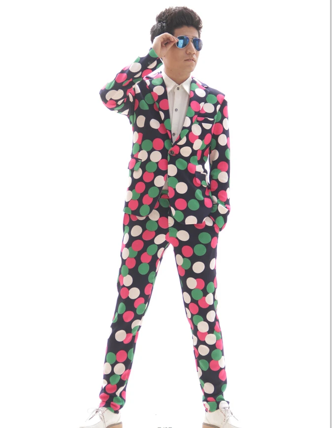 

Plus size Men Fashion Flower dot slim suits Nightclub bar singer show performance clothing set super stars male casual suits
