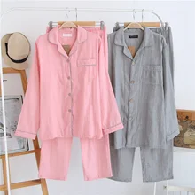 Осень Марля женский пижамный комплект из хлопка наборы для мужчин простой длинный рукав пижамы для мужчин повседневные пижамы японские мужские пижамы