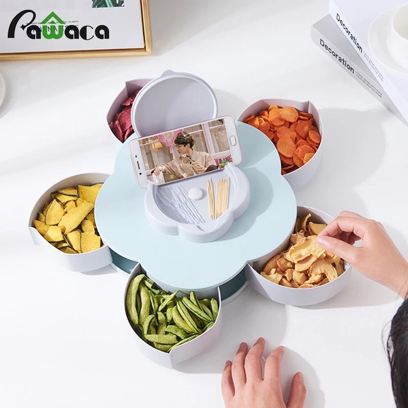 

Petal-Shape Rotating Snack Tray Candy Box Food Storage Tray with 5 Removable Compartments Nut Snack Candy Organized Storage Tray