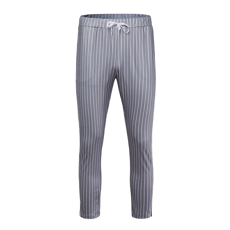 Black Gray Striped Pants Men Casual Tunic Pencil Pants Long Trousers Man Summer Bodybuilding Running Pant Workout Sweatpant