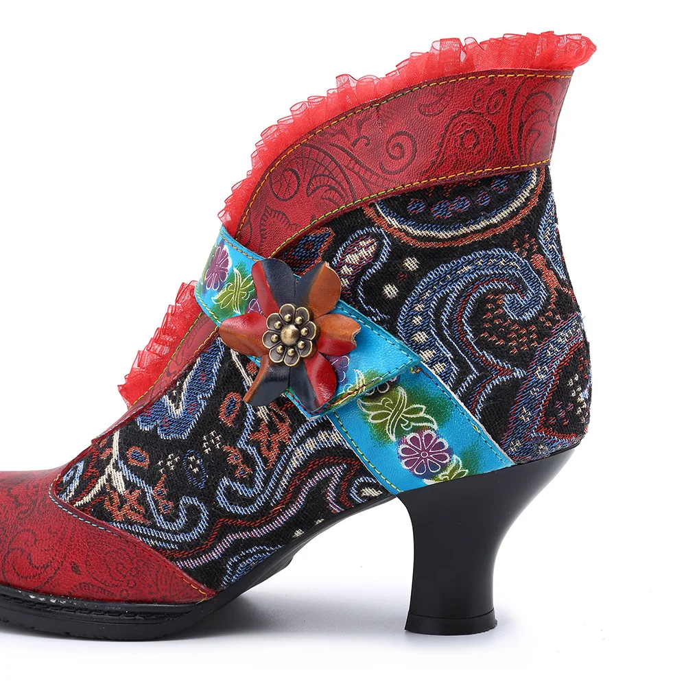 Genuine Leather Splicing Retro Ankle Boots For Women Shoes Woman Patchwork Lace D Knight Boots Block Heels Embroidy Botas Shoes (12)