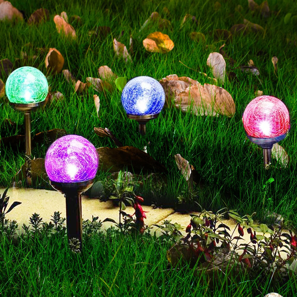 2pcs Solar Lawn Light Garden Lamp Crackle Glass Globe Light LED Color