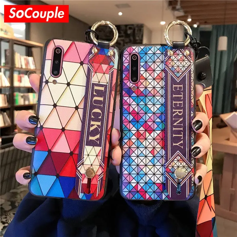 

SoCouple Colorful Grid Pattern Phone Cases For Xiaomi 8 Lite SE 9 Wrist Strap Phone Holder Case With Lanyard Colorful Back Cover