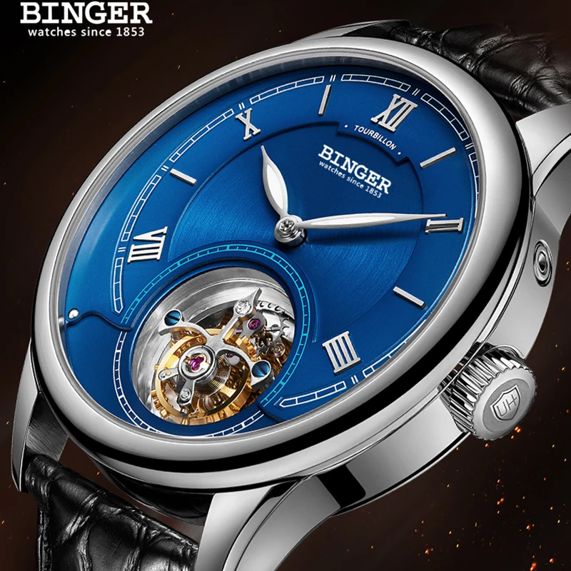 Механические часы Seagull Tourbillon мужские сапфировые с ремешком из крокодиловой кожи