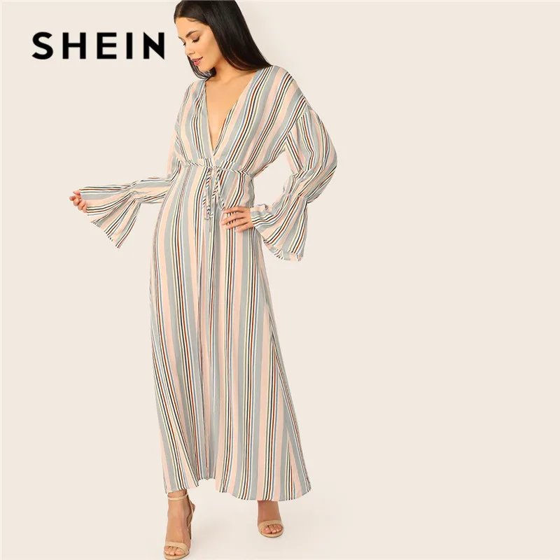 

SHEIN Flounce Sleeve Self Belted Striped long Kimono Cardigan Women Spring V Neck Boho Kimono 2019 Beach Vacation Ladies Tops