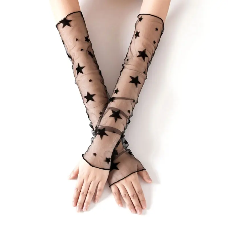 

Women Girls Summer Elbow Length UV Protection Long Gloves Sheer Mesh Lace Solid Color Fingerless Sunscreen Ultra-Thin Arm Sleeve