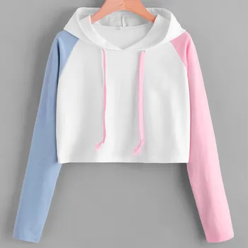

Hoodies Women Girl Plus Size Patchwork Long Sleeve Casual Crop Jumper Pullover Hooded Tops Female Clothes Fashion