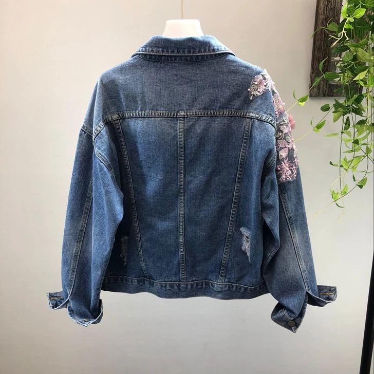 2018 Spring Autumn Jeans Jacket Coat Woman New Heavy Stereo Pink Flower Embroidered Hole Denim Jackets Student Basic Coats