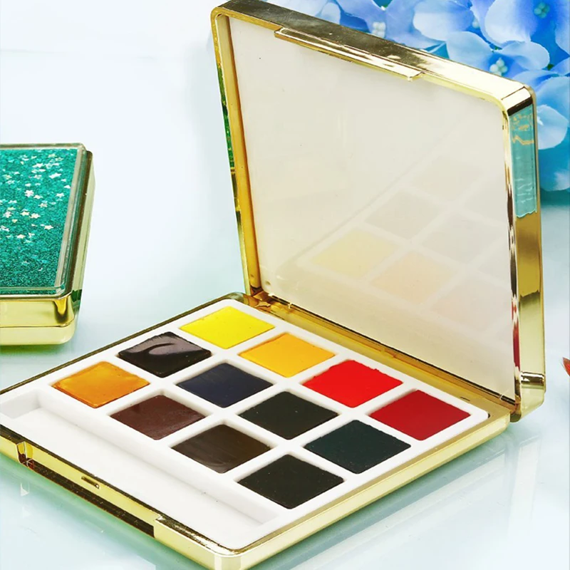 

Rubens solid watercolor bright new series of 12-color gold / pink / green glitter mini portable cassette paints Art Supplies