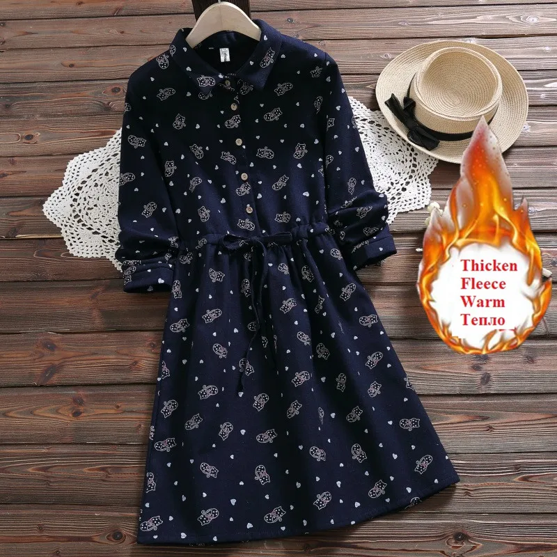 

Preppy Style Women Winter Thicken Fleece Dress Animal Print Lace Up Warm Female Robe Elegant Cute Kawaii Sweet Gray Blue Dress
