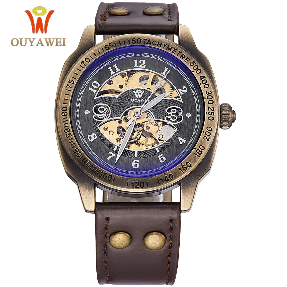 

OUYAWEI Male Wristwatch Retro Bronze Case Mechanical Skeleton Brown Leather Strap Relogio Masculino Men's Automatic Watch