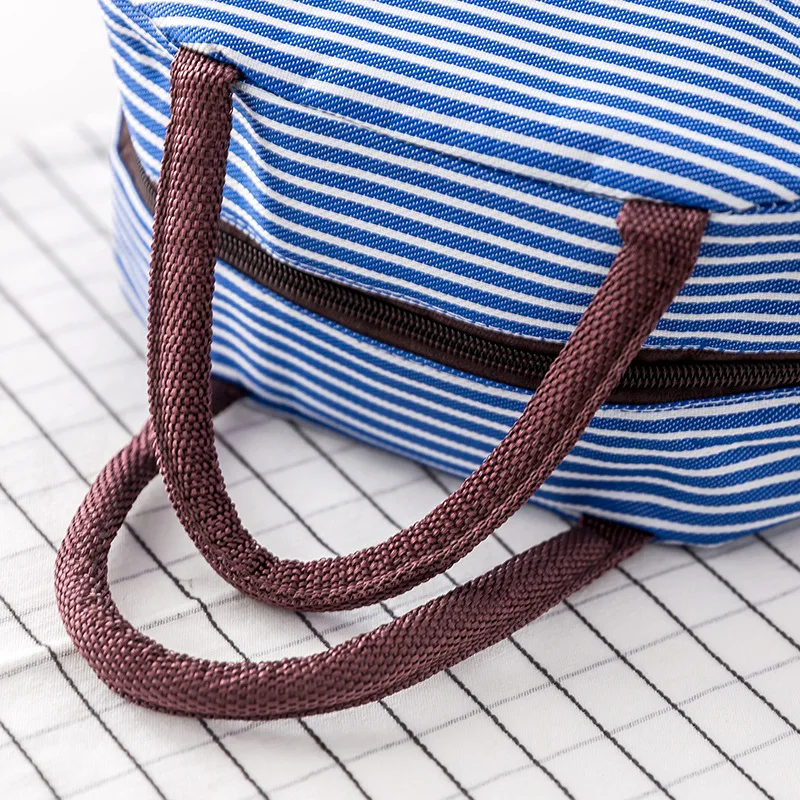 Leisure Women Portable Lunch Bag Canvas Stripe Insulated Cooler Thermal Food Picnic Box Tote