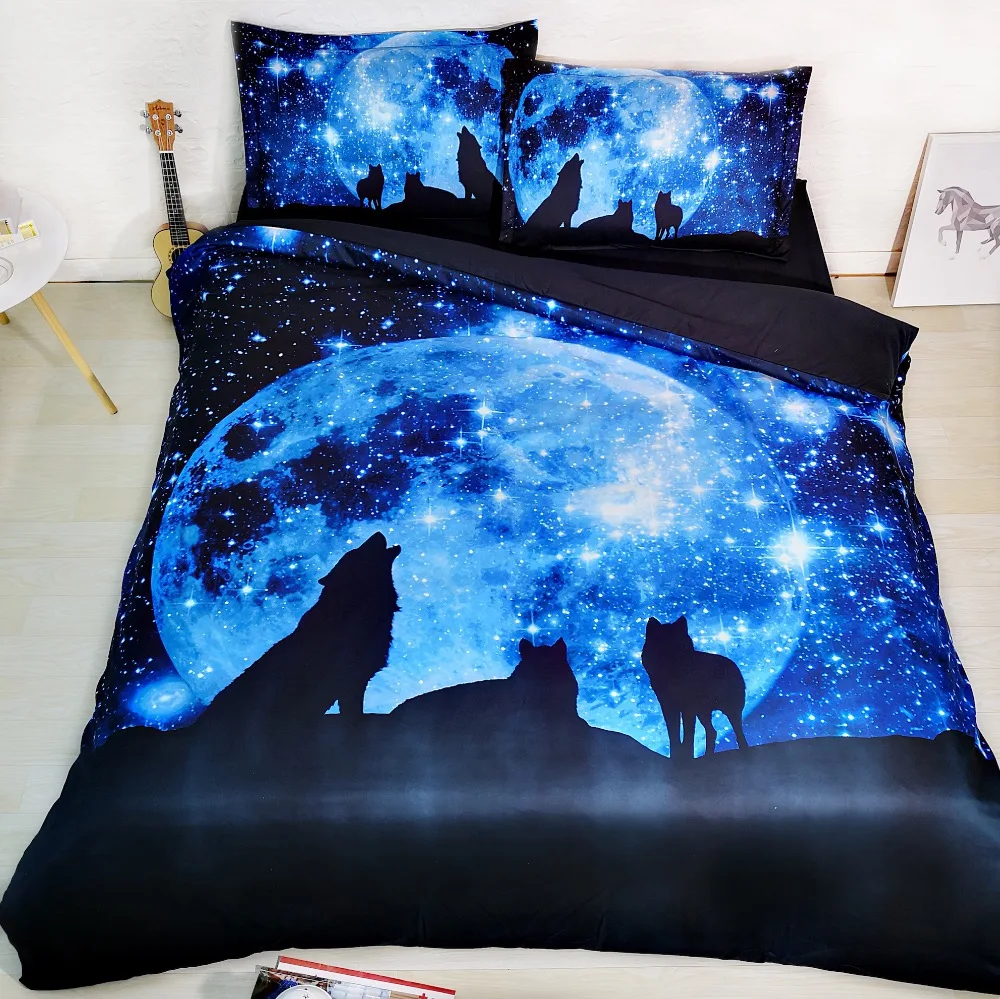 JF 066 Mystic Wolf under Night Moon and Galaxy print bed Linen 4 Pieces