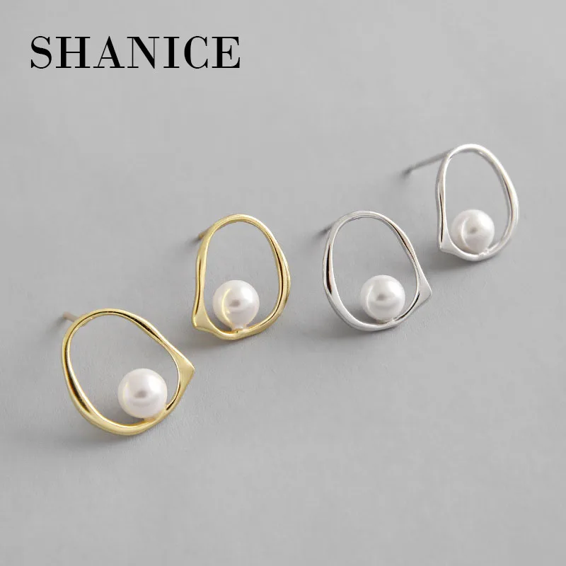

SHANICE INS Gold Color Pearl Round Circle Geometric Design Hollow 925 Sterling Silver Stud Earrings for Women Girls Jewelry
