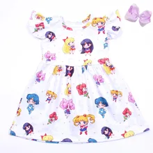 Летнее милое детское платье с принтом для девочек мягкие платья из молочного шелка белая одежда с короткими рукавами и бантом с рисунком для девочек