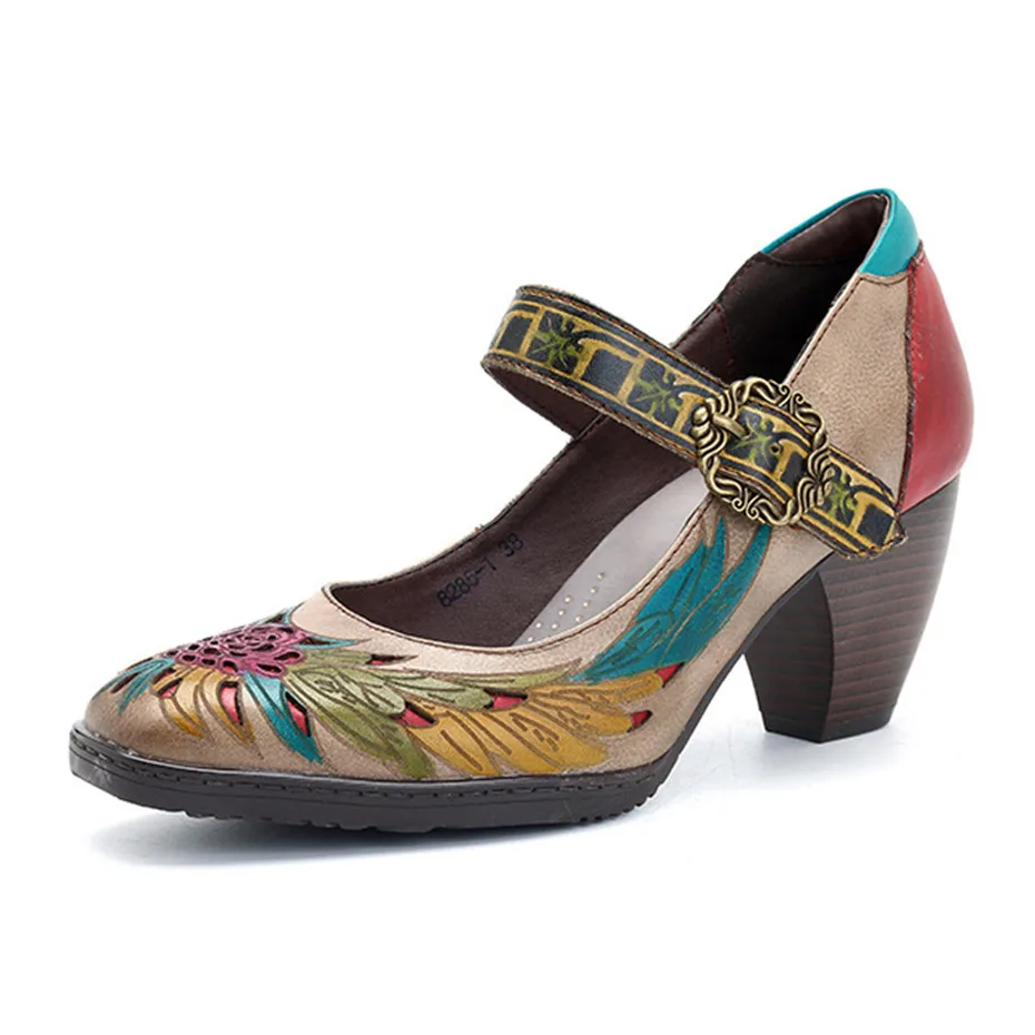 Vintage Printed Pumps Women Shoes Genuine Leather Block High Heels Ankle Buckle Strap Mary Janes Shoes Woman Retro Heels Zapato (9)