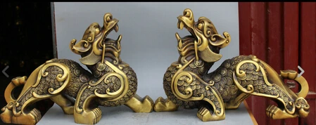 

B0601 33121" Chinese Bronze Wealth Money Fengshui Dragon Beast Unicorn Pixiu Kylin Pair statue