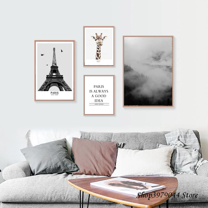 

Paris Tower Posters And Print landscape Canvas Painting Giraffe Mountain Art Print Cuadro Wall Pictures For Living Room Unframed