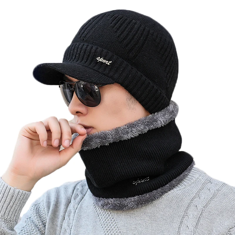 Autumn Winter Male Hat Plus Velvet Thick Knitted Wool Hat Scarf Set Men Warm Beanie Fashion Snow Earflaps Plush Collar Cap Sets