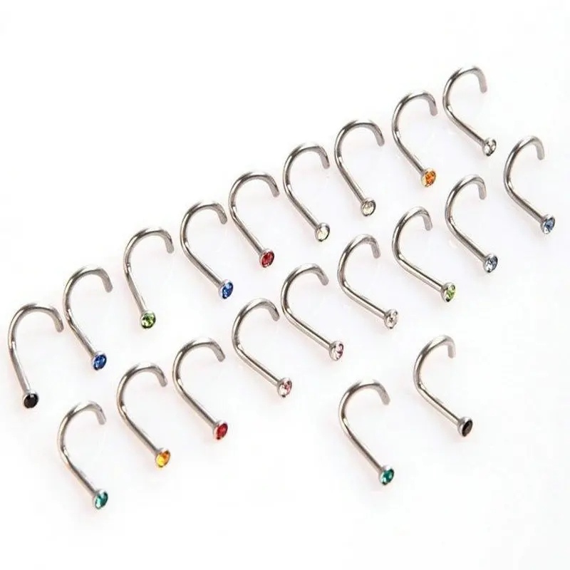 crstysal Gem Nose Screws Rings Pins fish tail nose studs Steel body