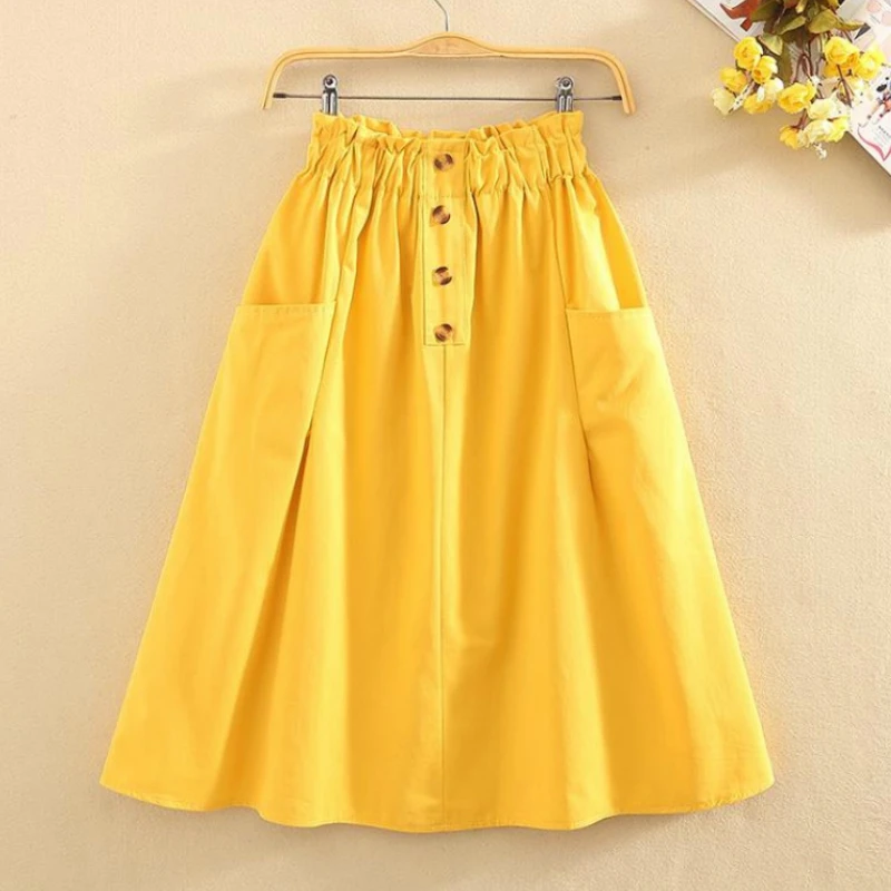 

Summer Cotton Preppy Midi Skirts Korean Front Pocket Cool Elastic Waist Single-breasted Buttons A-line Below Kee Skirts