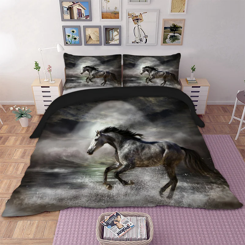 Набор постельного белья с принтом "Черная лошадь", набор постельного белья с 3D принтом, пододеяльник, набор постельного белья для одиночных близнецов, полный комплект постельного белья "Королева", "Король"