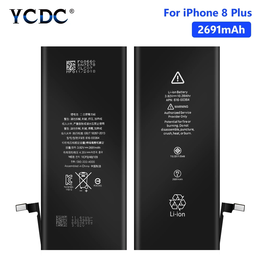 

YCDC Rechargeable Lithium Phone Battery For Phone Bateria Real capacity 3.82V 2691mAh iPhone 8 Plus 8Plus Batteries Free Tools