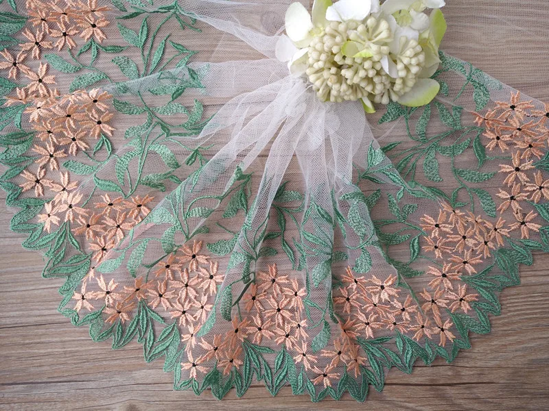 

Green Leaves Embroidered Lace Trim Cream Tulle Lace Fabric 8.66" Wide Doll Dress Underwear Costume DIY Craft Supplies