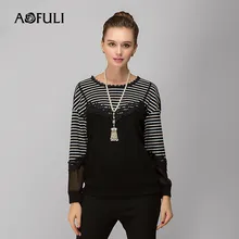 AOFULI L-3xl 4xl 5xl Плюс Размер Женская футболка трикотаж Весна длинный рукав Повседневная кружевная Лоскутная полосатая трикотажная футболка