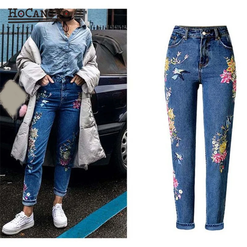Koop HCYO Vrouwen Borduurwerk Jeans Hoge Taille Slanke Rechte Jeans Broek Plus Size Womens Casual Inelastische Katoen Denim Broek Jeans