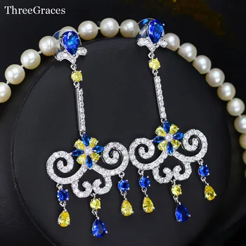 

ThreeGraces Vintage Tassel Wedding Jewelry Luxury Royal Blue Yellow CZ Crystal Long Dangling Engagement Earrings For Women ER239