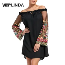 Женское платье с вышивкой VESTLINDA Черное короткое туника открытыми