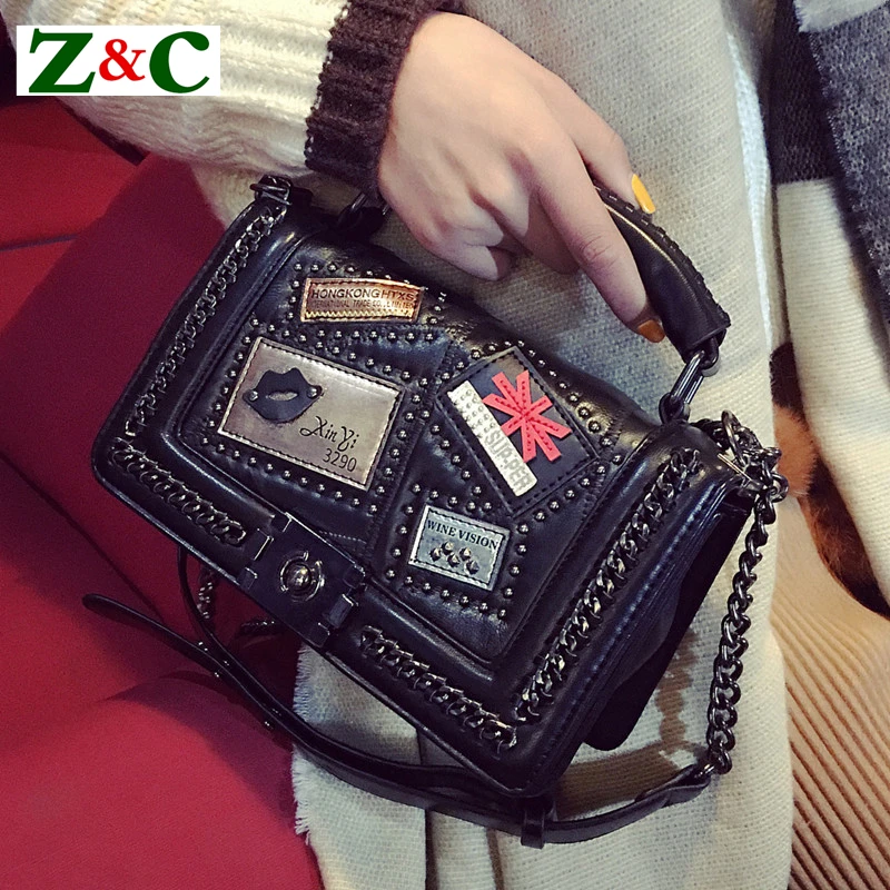 

Vintage Badge Chain Shoulder Crossbody Women Bag Casual Rivet Messenger Handbag Luxury Handbags Women Bags Designe Bolsos Mujer