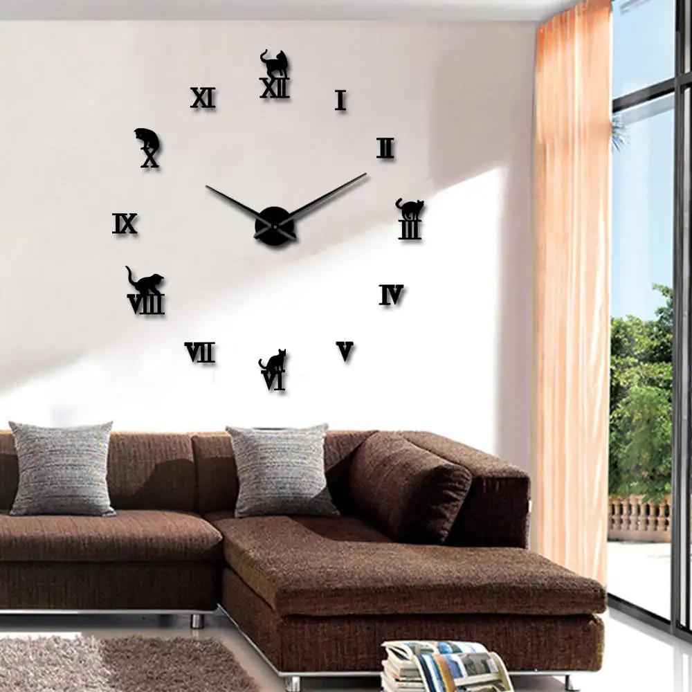 Reloj de pared grande 3D DIY, decoración moderna grande sin marco para el hogar, espejo de reloj grande de gato dormitorio, sala de estar, gatitos, decoración de pared de gatito _ -