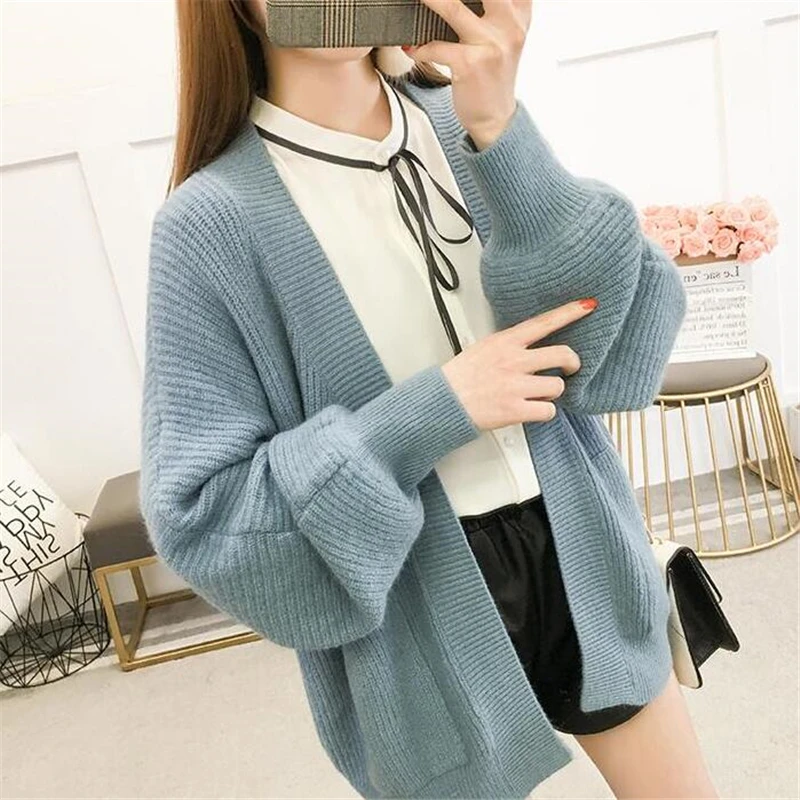 Best Price 2019 New Spring Autumn Casual Women Jacket Cardigan Solid Color Loose Coats V-Neck Female Knitted Sweater Casual Tops Femme Chic