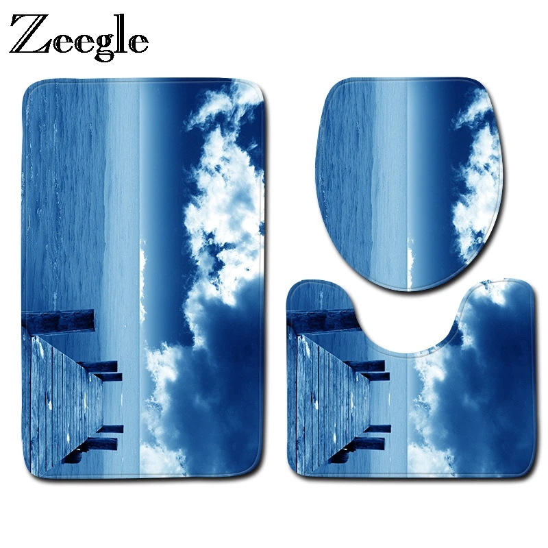 Zeegle 3pcs Bathroom Mat Set Landscape Pattern Bath Anti-slip Floor Mats Microfiber Toilet and Rug Sets | Дом и сад