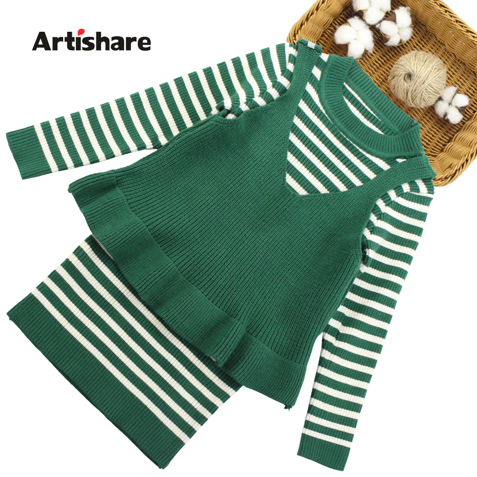 

Dresses For Girls Long Sleeve Striped Kids Party Dress Autumn Winter Knitted Dress Girls Teenage Kids Sweater Clothes 12 13 14