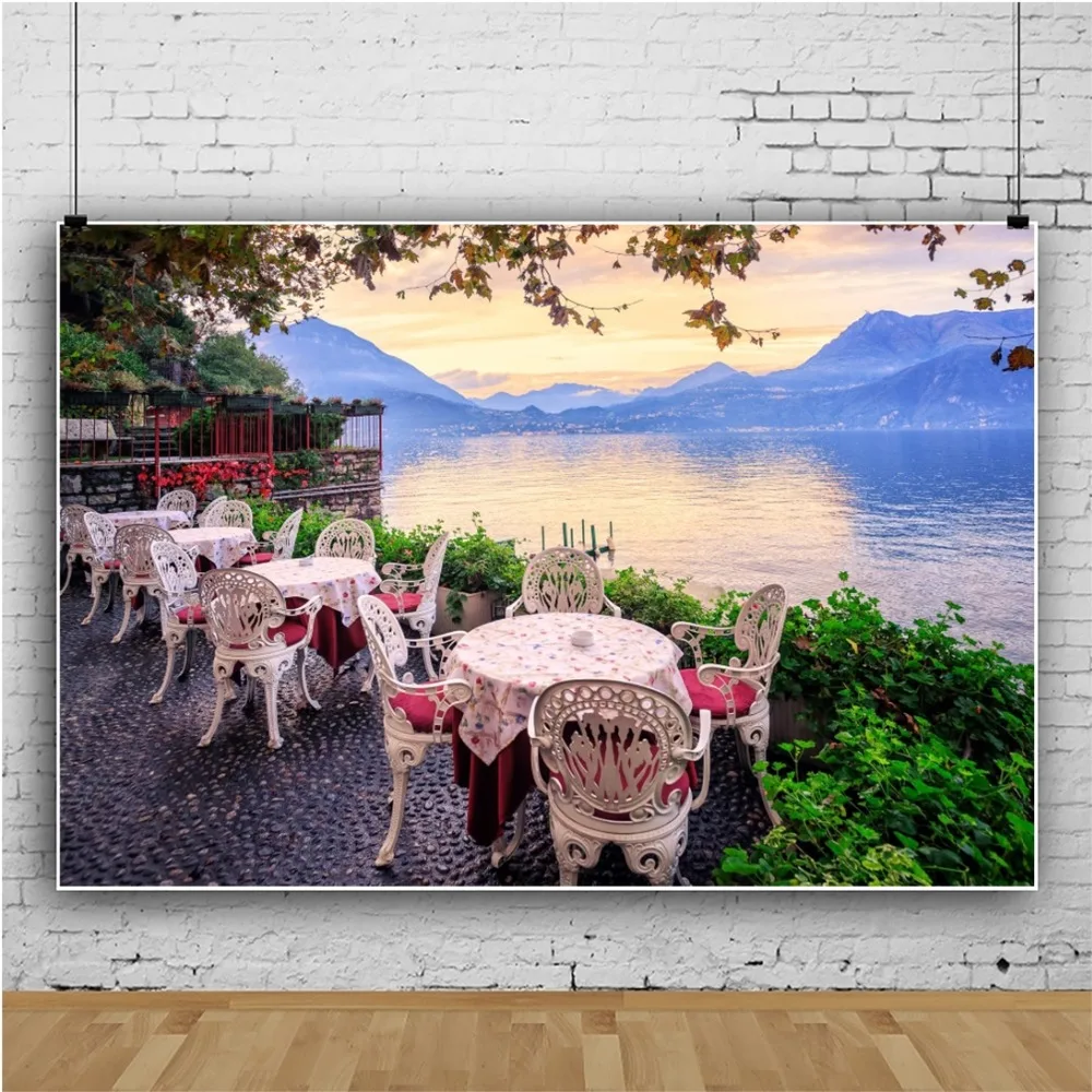 Laeacco Photo Backdrops Riverside Romantic Dinner Table Chair Mountain Baby Scene Photography Background Photocall Photo Studio